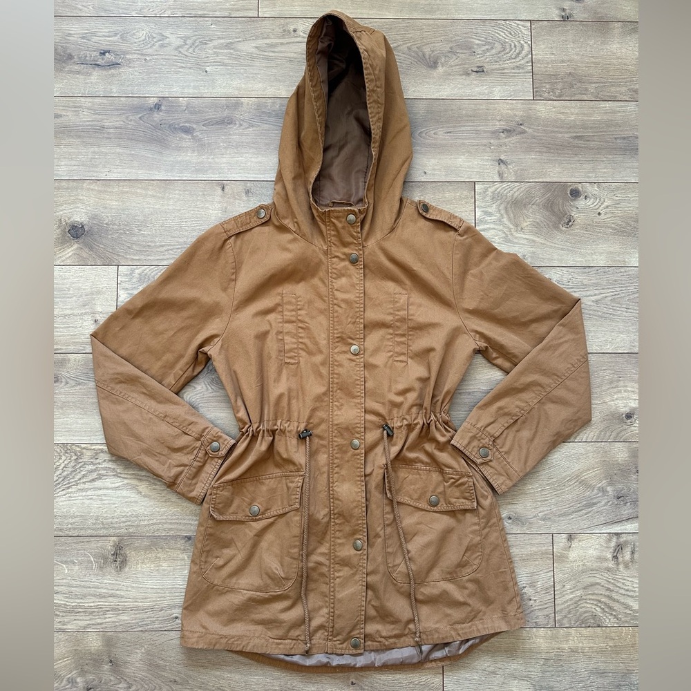 Forever 21 Camel Hooded Anorak Jacket | Size M | Utility Jacket Drawstring Waist